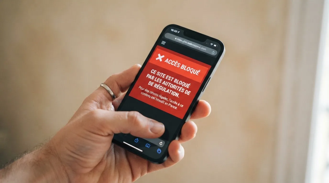 Main tenant un smartphone affichant un message d'avertissement d'accès bloqué