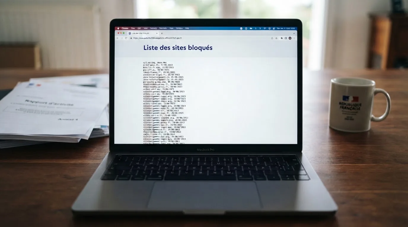 A browser window displaying a long CSV-style list of blocked website domains with decision dates in a column, no brand logos