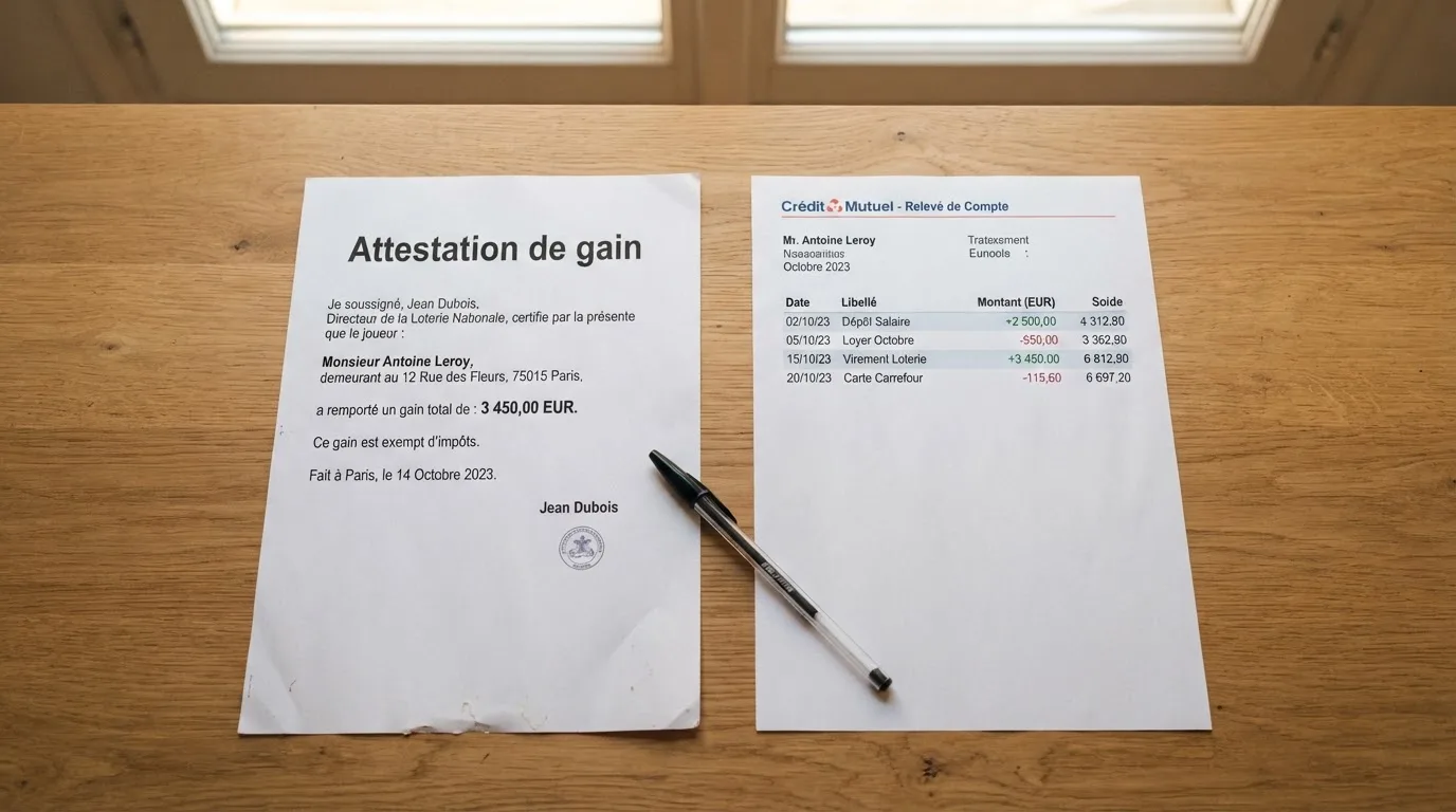 Document d'attestation de gain posé à côté d'un relevé bancaire sur un bureau