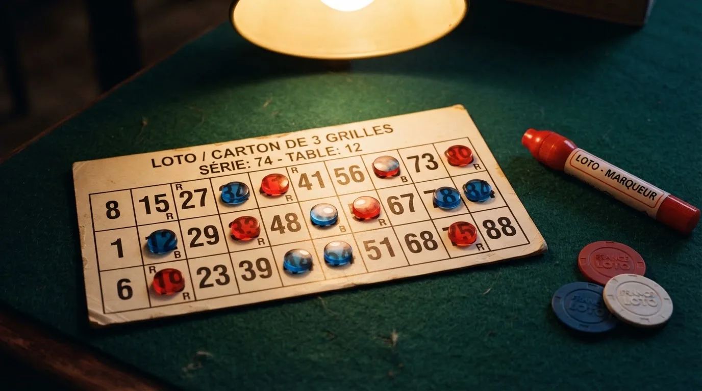 Grille de bingo avec un carton 3 lignes sur 9 colonnes et des jetons numérotés posés dessus