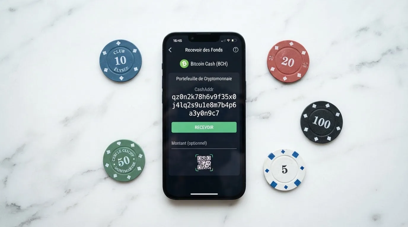 Gros plan sur une application de portefeuille crypto affichant une adresse Bitcoin Cash au format CashAddr commençant par la lettre q, sur fond de pièces BCH.
