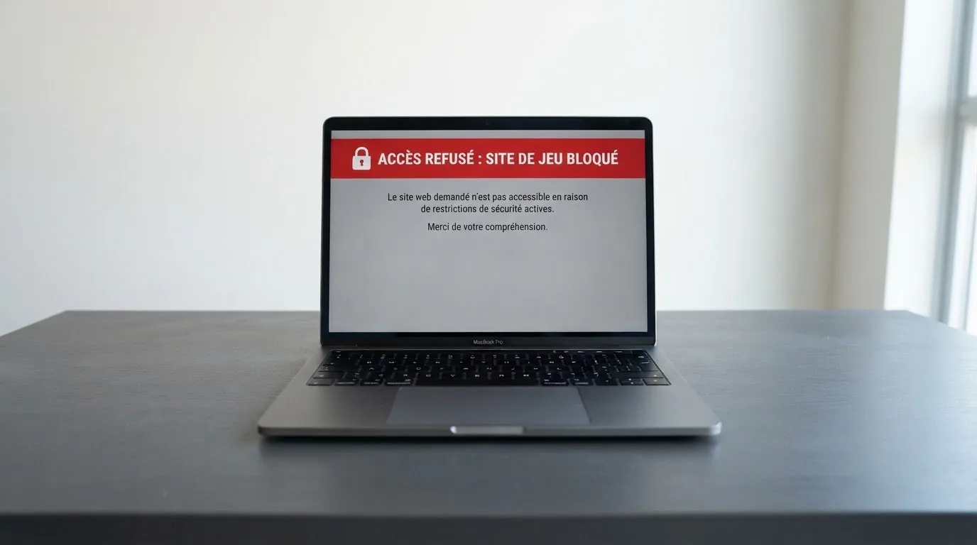 écran affichant un avertissement de blocage d'accès à un site de jeu