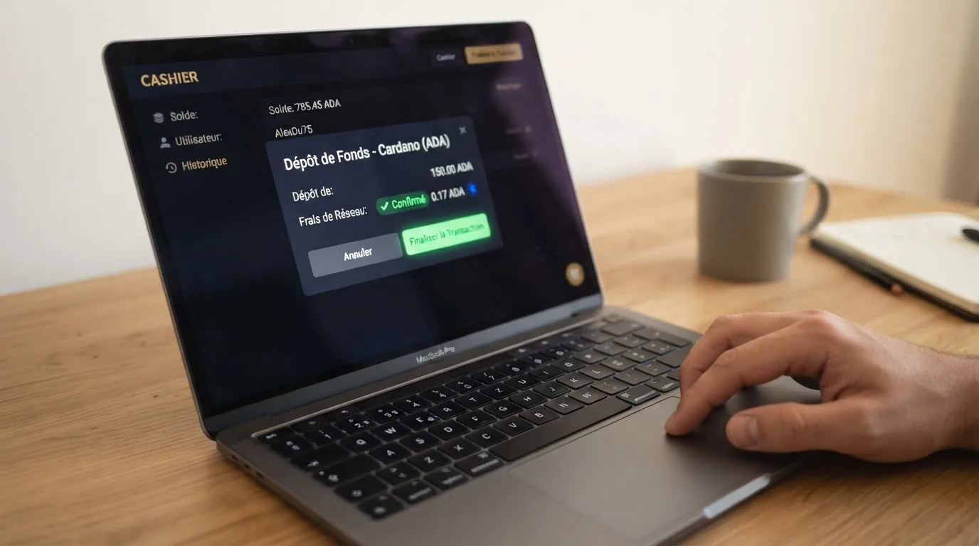 Confirmation d'une transaction Cardano affichée sur l'interface d'un casino en ligne, avec le montant des frais de réseau détaillé