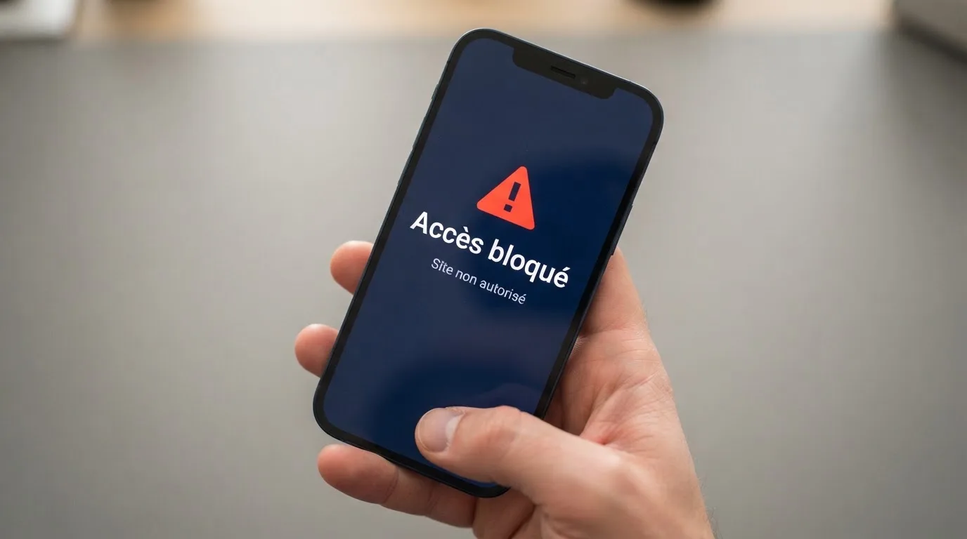 Écran de smartphone affichant un avertissement officiel sur les jeux d'argent illégaux en ligne en France