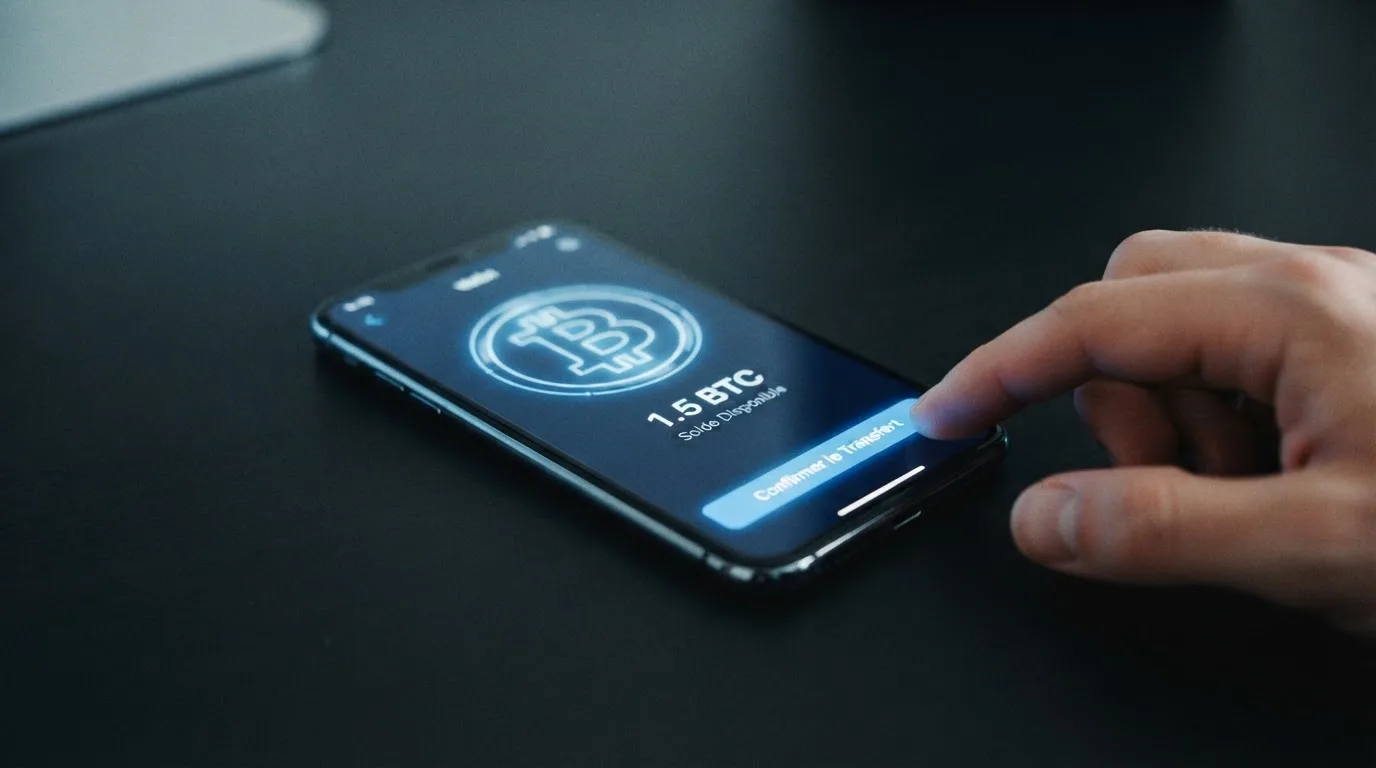 Portefeuille numérique affichant un solde en cryptomonnaie prêt à être transféré vers un compte de jeu