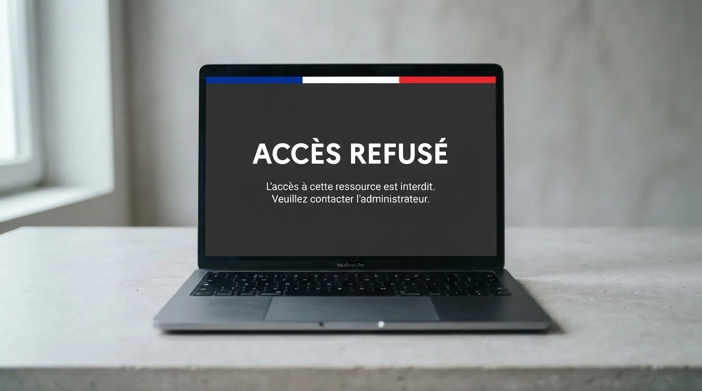 Un écran d'ordinateur affiche un message d'accès bloqué à un site de jeux d'argent non autorisé, sur fond de drapeau français stylisé.