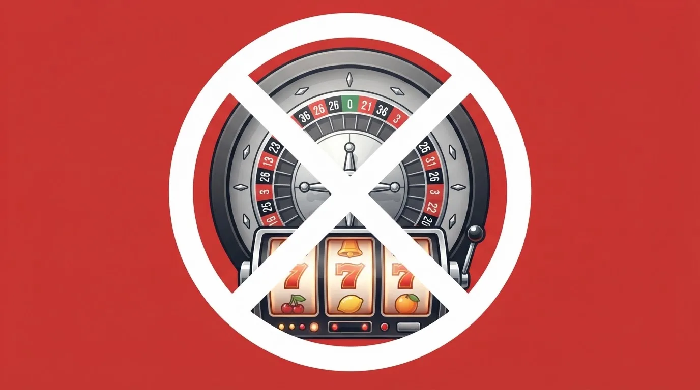 pictogramme d'interdiction superposé à une roulette et des machines à sous, illustrant l'interdiction du casino en ligne en France