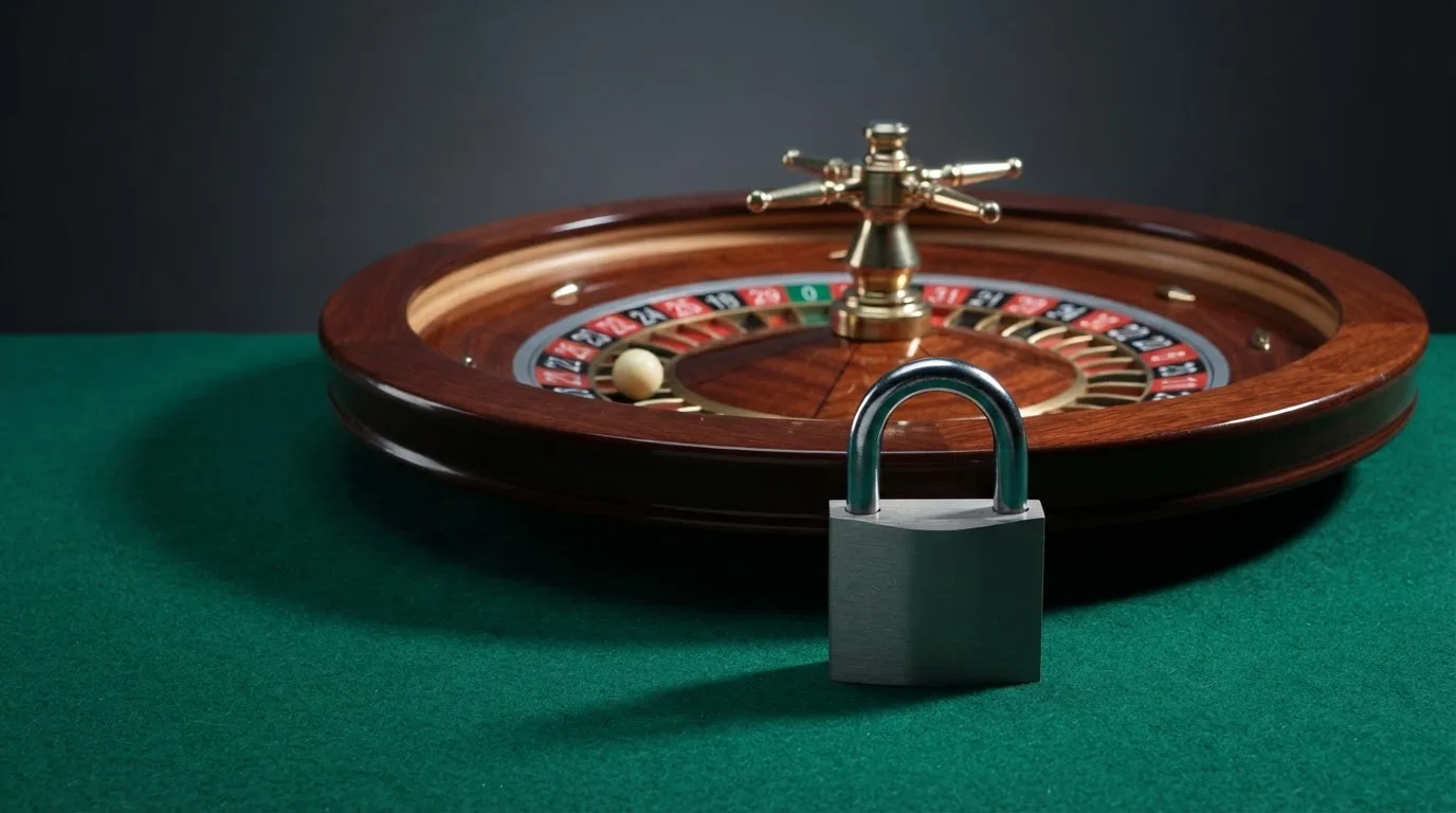 Le logo de l'Autorité nationale des jeux (ANJ) associé à un symbole d'interdiction sur fond de roulette de casino.
