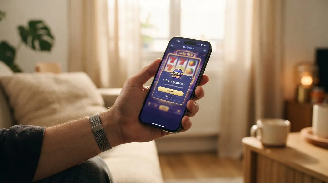 Écran de smartphone affichant l'interface mobile d'un casino en ligne avec une notification de tours gratuits