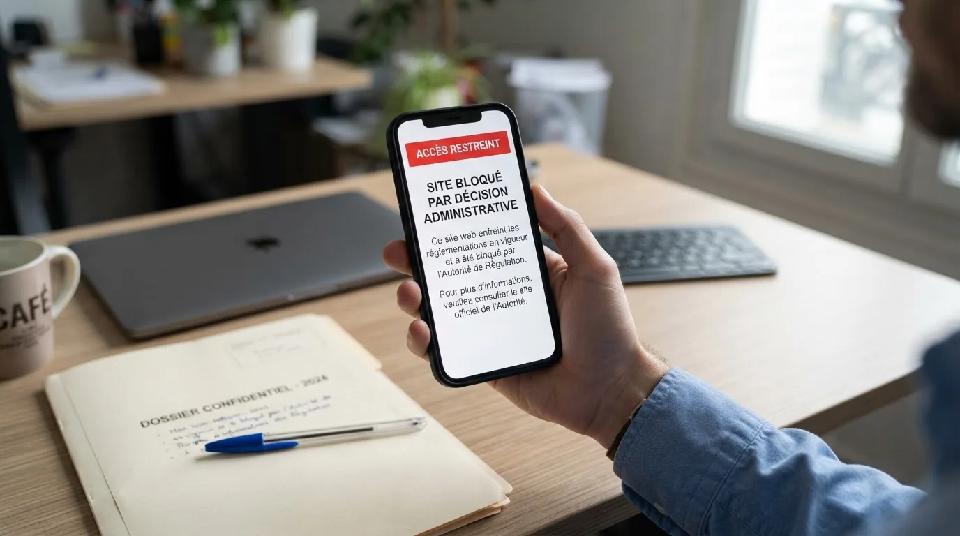 Main tenant un smartphone affichant un écran de blocage de site avec un message d'avertissement rouge, dans un décor évoquant un bureau administratif français.
