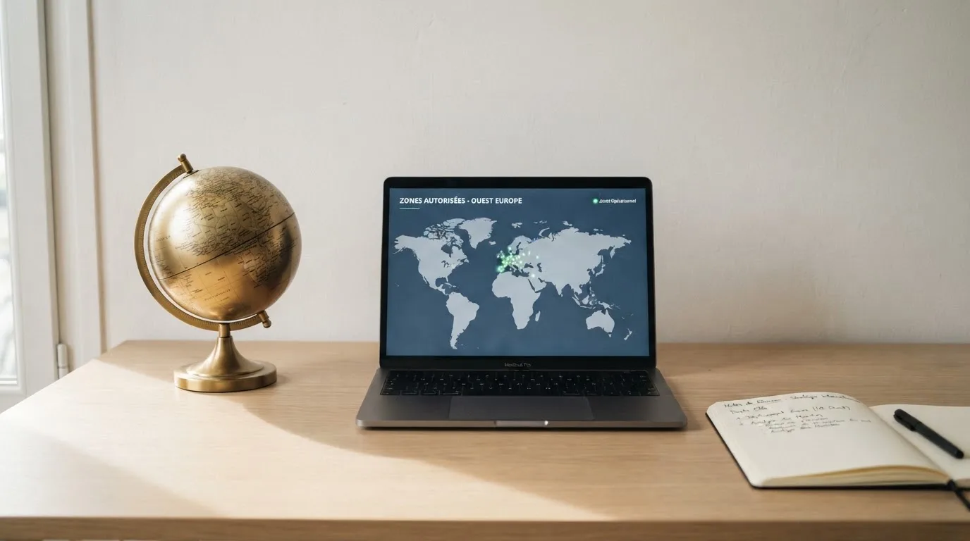 Un globe terrestre posé à côté d'un ordinateur portable affichant une carte du monde.
