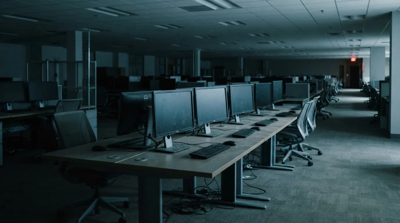 Une rangée d'écrans d'ordinateur éteints dans un bureau vide.