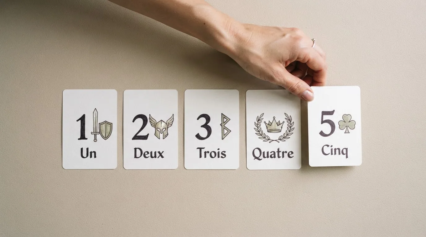 overhead flat-lay of a hand ranking printed casino logos on numbered cards on a desk