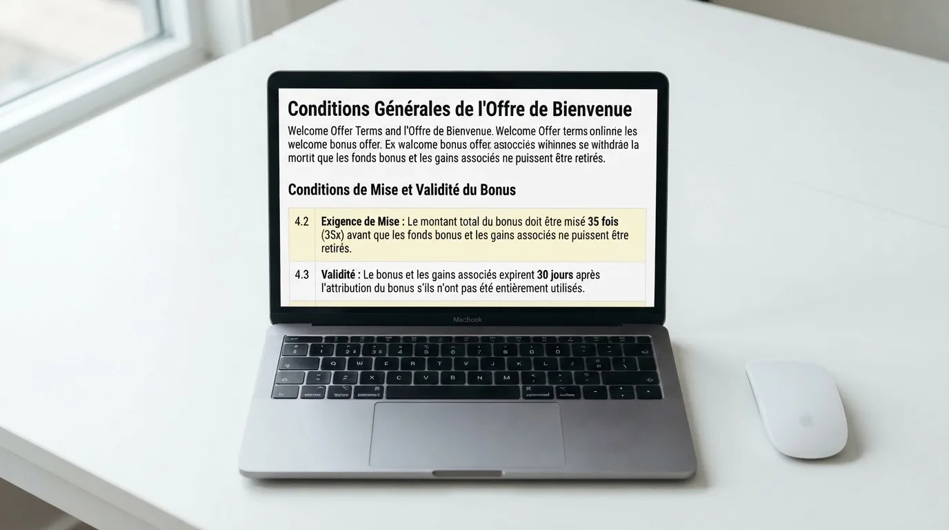 Capture d'ecran des conditions generales d'un bonus de bienvenue en ligne
