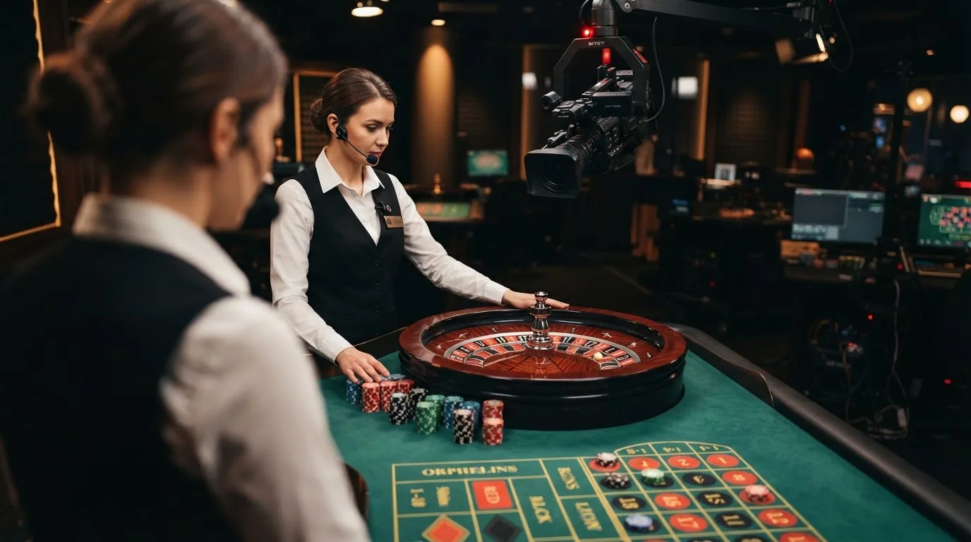 a live dealer standing at a roulette wheel under studio lighting, streaming camera visible above the table
