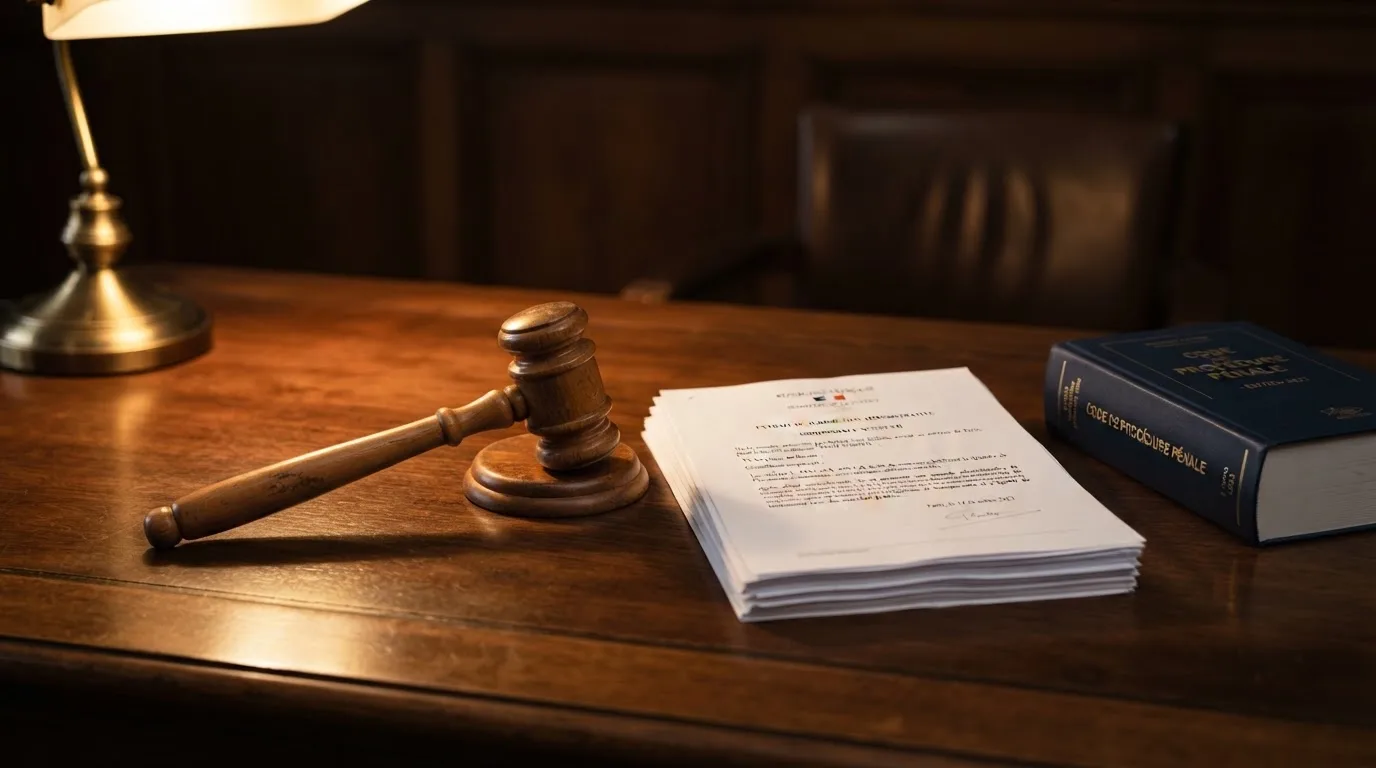 A gavel resting beside official regulatory documents on a wooden desk