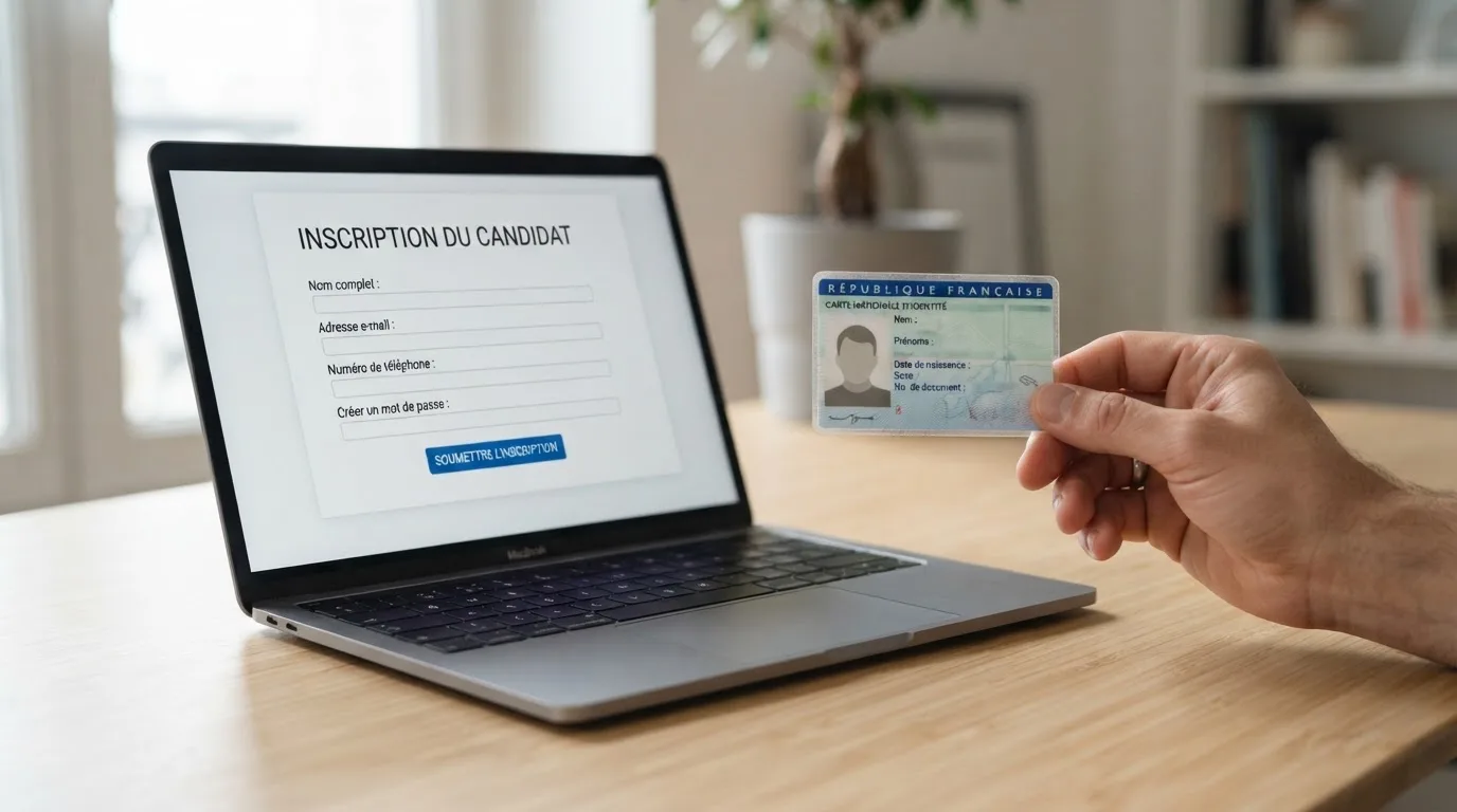 Close-up of a hand holding an identity document next to a laptop showing an online registration form