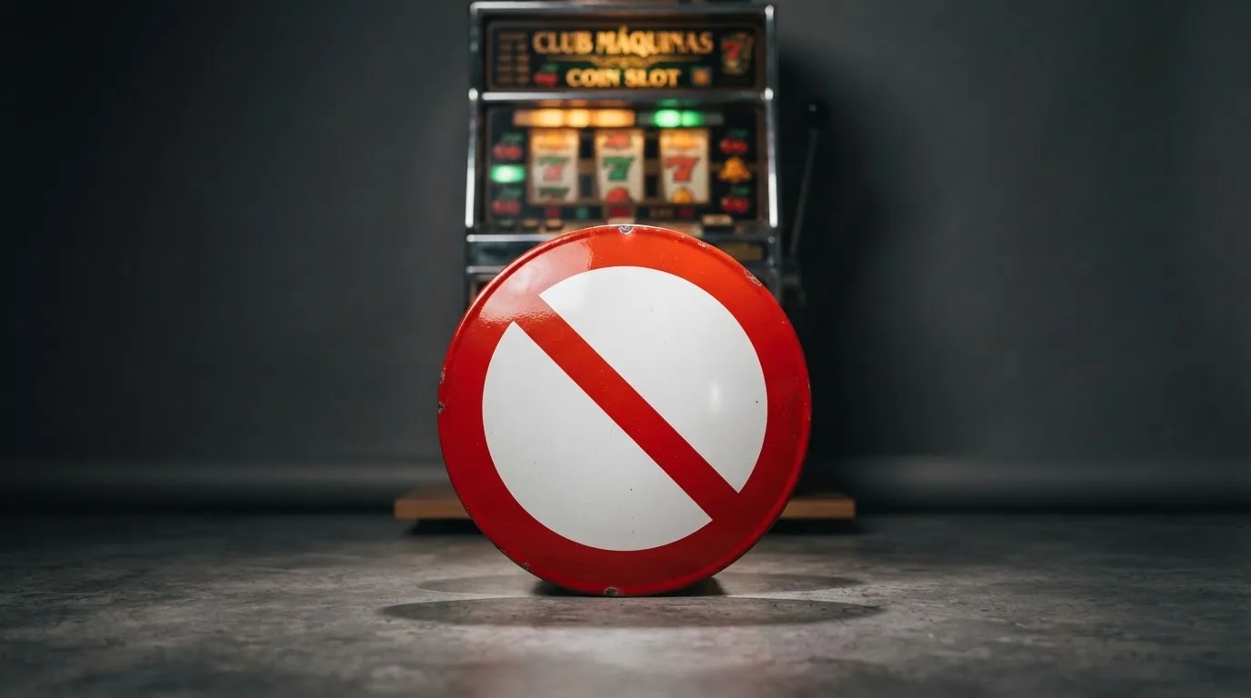 a red official-style stop/prohibition icon overlaid on a blurred casino slot-reel background