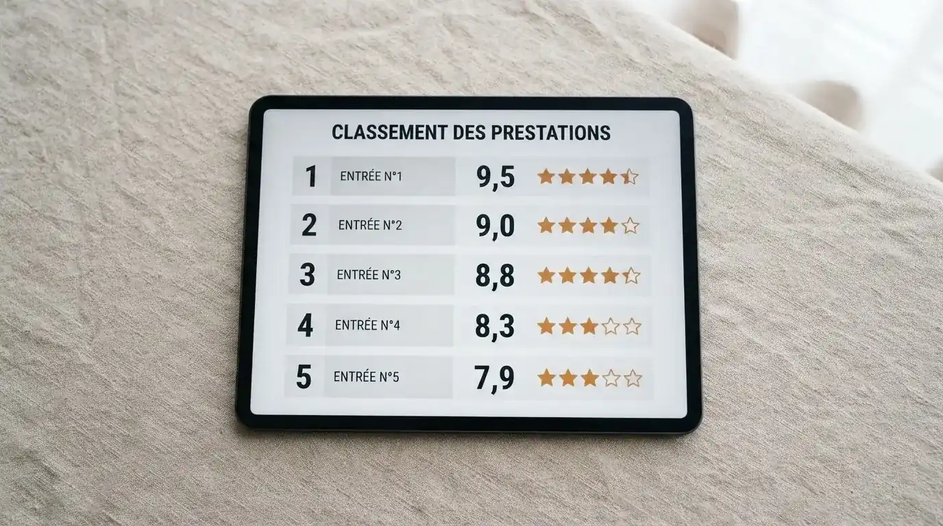 Liste de notes et d'étoiles affichée sur un écran, évoquant un classement d'applications sans nom de marque.