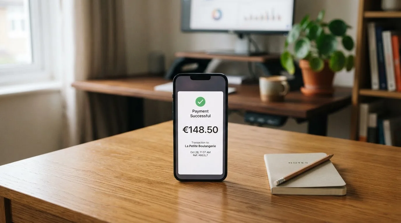 Reçu de transaction bancaire affiché à l'écran avec un montant et une date, sans nom de marque.
