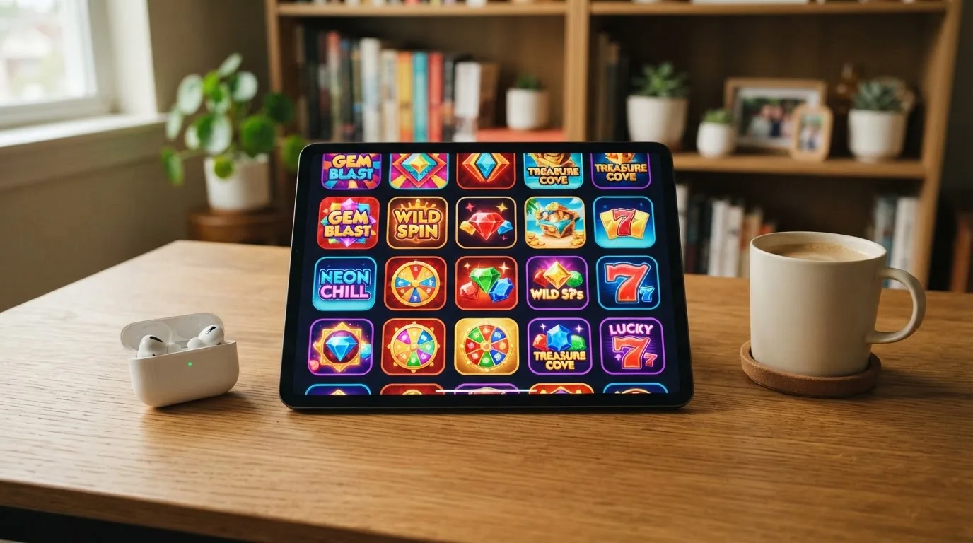 Rangée d'icônes de machines à sous colorées affichées sur un écran de tablette, sans logo visible.