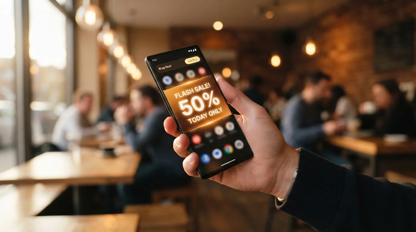 Bannière promotionnelle floutée affichant un pourcentage de bonus sur un écran de smartphone.