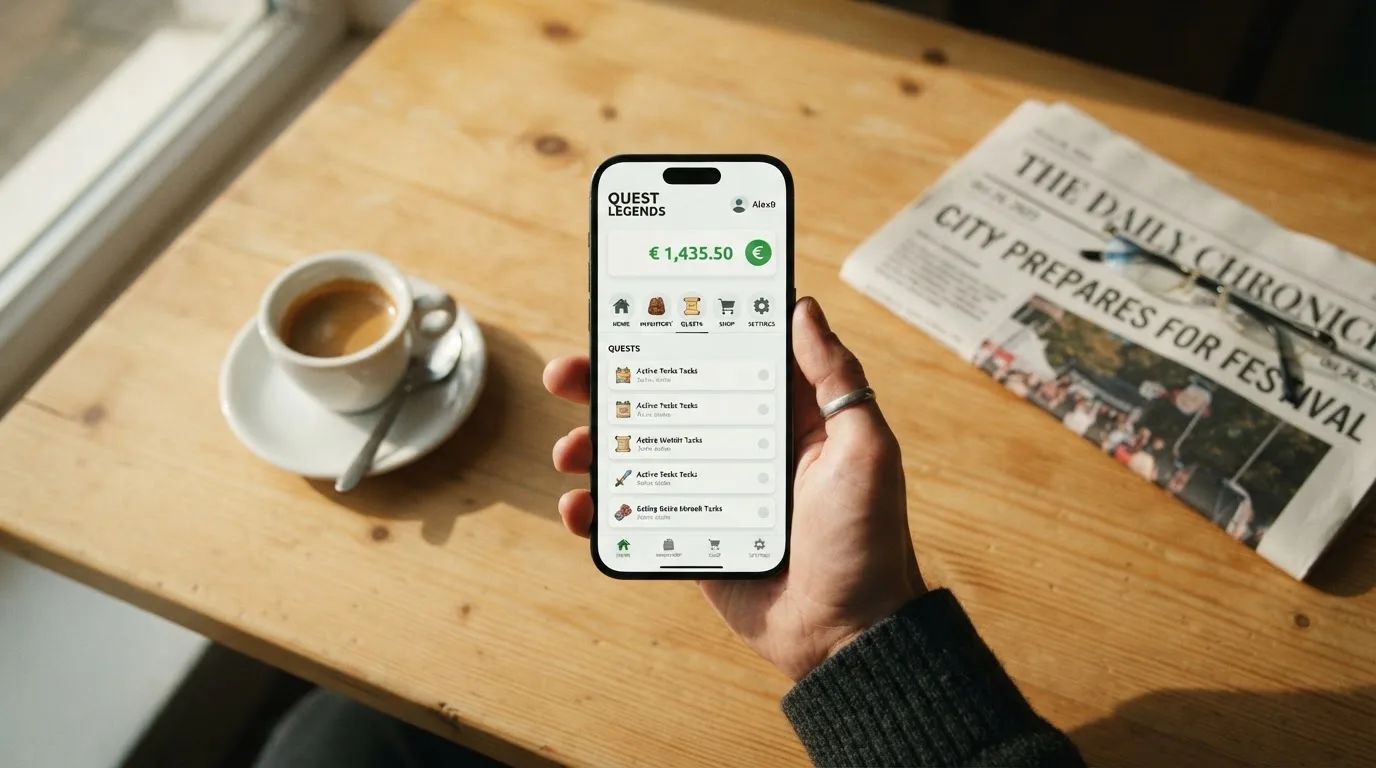 Main tenant un smartphone affichant une interface de compte de jeu, dans un café.