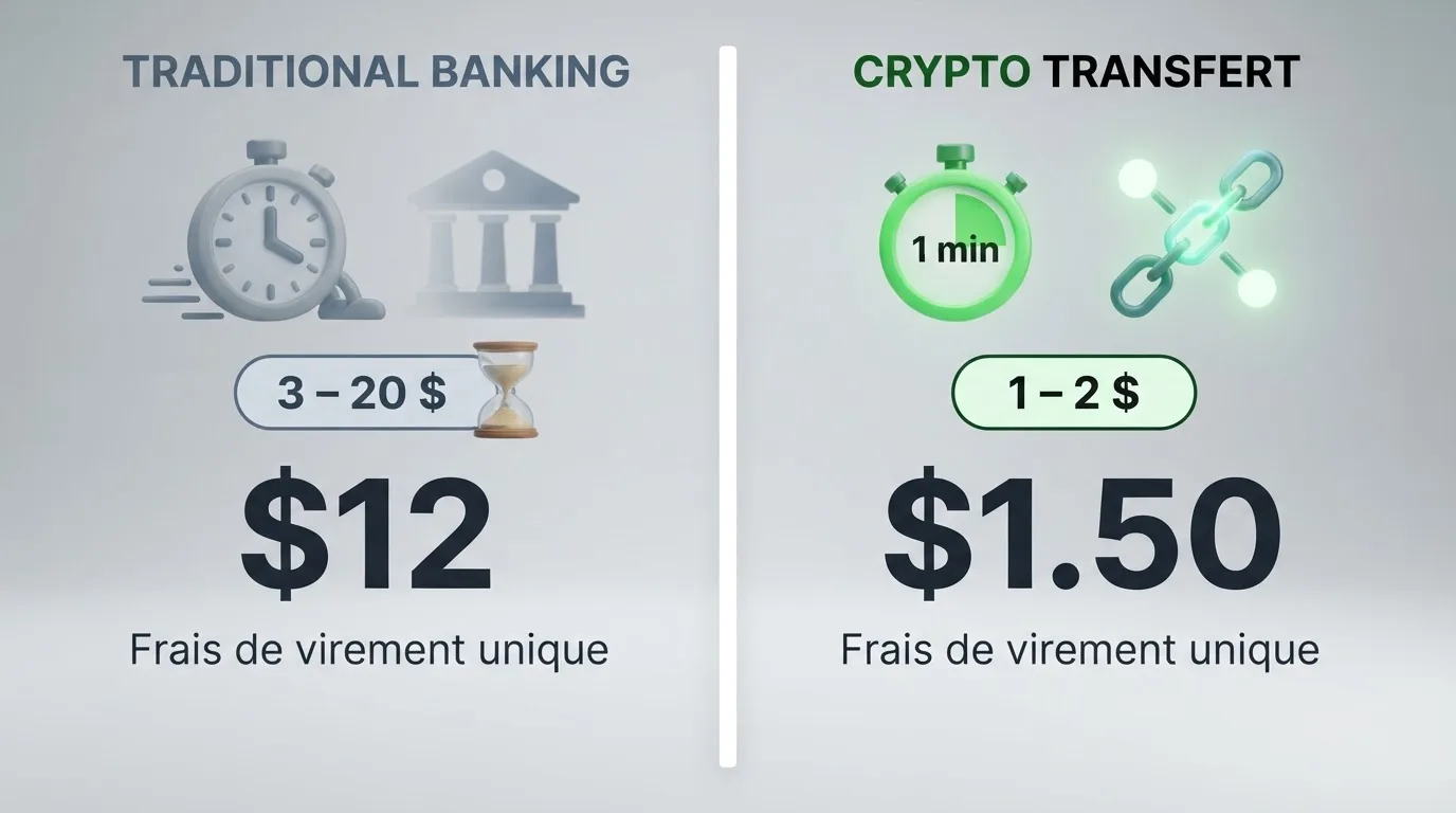 a split-screen graphic comparing a slow bank-transfer icon against a fast blockchain-transfer icon with a stopwatch