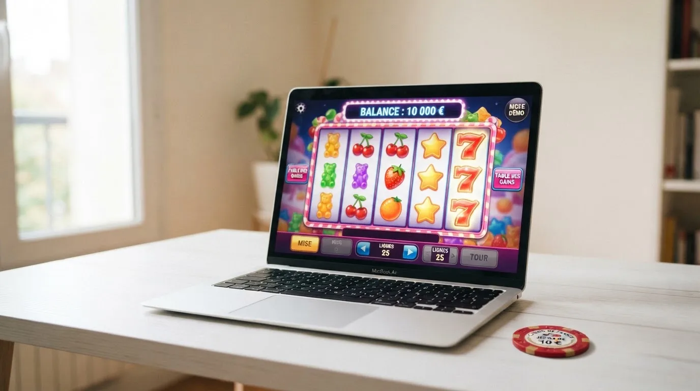 Interface de mode démo d'une machine à sous en ligne, avec un solde affiché en argent fictif