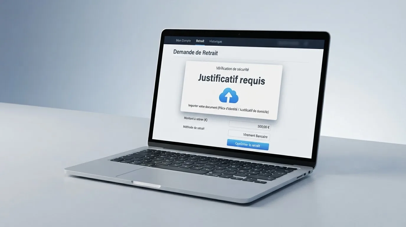 Formulaire de retrait en ligne affichant une demande de justificatif avant validation du paiement